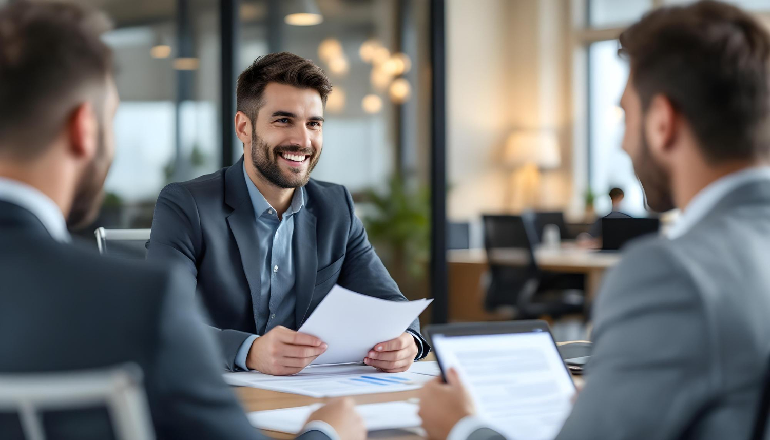 Consultant en réunion avec laptop